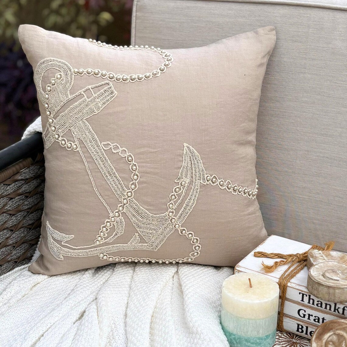 Pearl Anchor - Mocha Cotton Linen Throw Pillow Cover