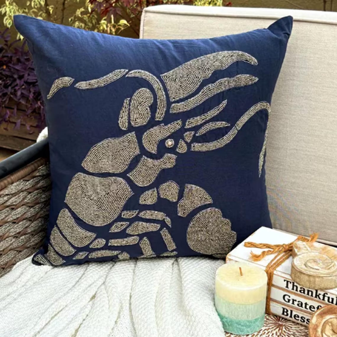Lobster At The Shore - Navy Blue Cotton Linen Throw Pillow Cover