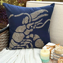 Lobster At The Shore - Navy Blue Cotton Linen Throw Pillow Cover