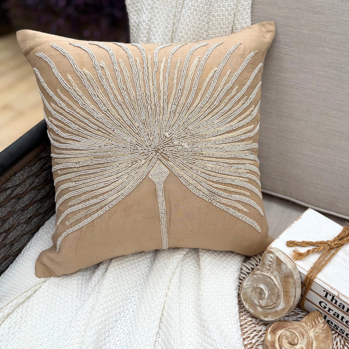 Fragrant Dream - Beige Cotton Linen Throw Pillow Cover