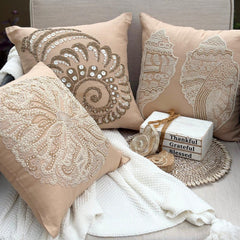 Shell Burst - Beige Cotton Linen Throw Pillow Cover