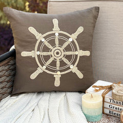Sailboat Wheel - Brown Linen Throw Pillow Cover