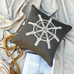 Sailboat Wheel - Brown Linen Throw Pillow Cover