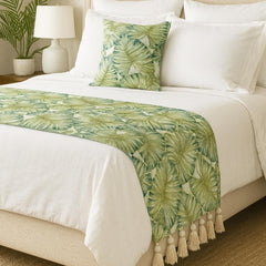 Linen Green Nature & Floral Tropical Bed Runner with Pillow Cover-Tropical Feeling