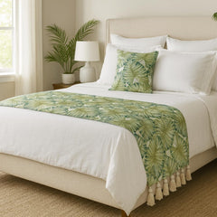 Tropical Feeling - Linen Green, Blue Decorative Bed Runner and Pillow Cover