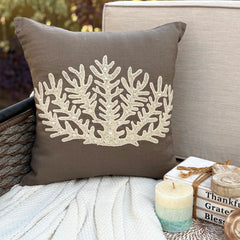 Coral Harvest - Brown Cotton Linen Throw Pillow Cover