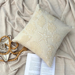 Pearly Sea Bed - Natural Beige Linen Throw Pillow Cover