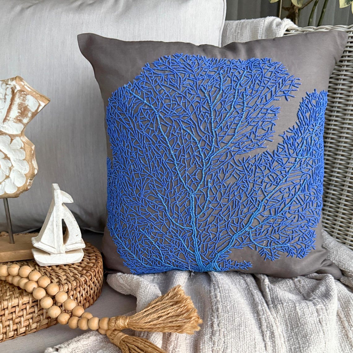 Royal Blue Sea Weeds - Blue Cotton Linen Decorative Euro Sham