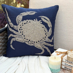 Crab At The Shore - Navy Blue Cotton Linen Decorative Euro Sham
