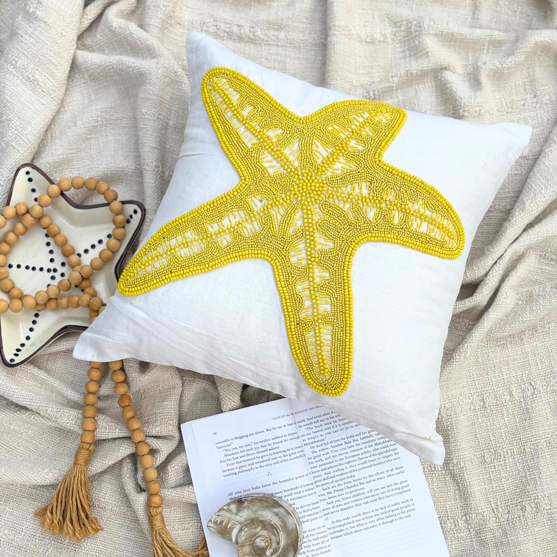 Yellow Starfish - White Cotton Linen Decorative Euro Sham