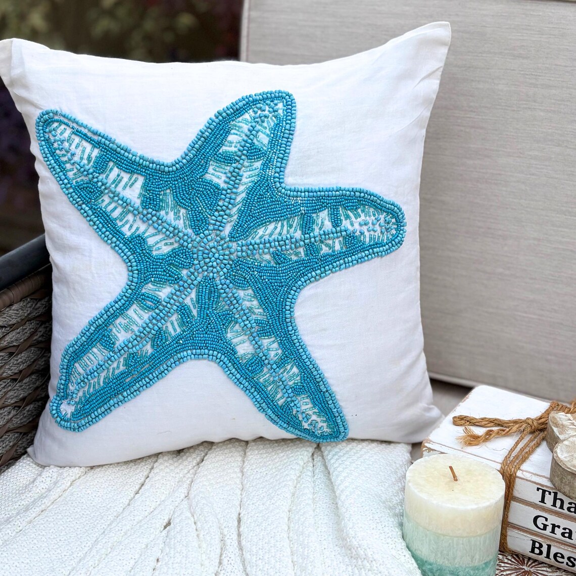 Starfish Island - White Cotton Linen Decorative Euro Sham