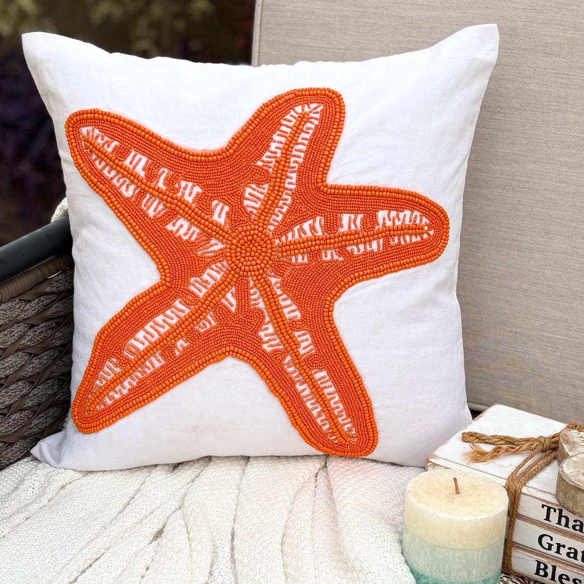 White Cotton Linen Throw Pillow Cover - Starfish Makeover