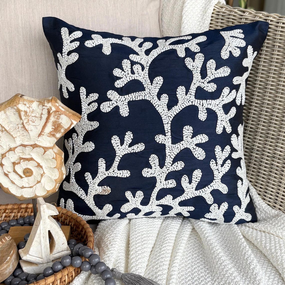Navy Blue Art Silk Throw Pillow Cover - Navy Corals