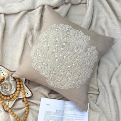 Pearl Weeds - Mocha Cotton Linen Throw Pillow Cover