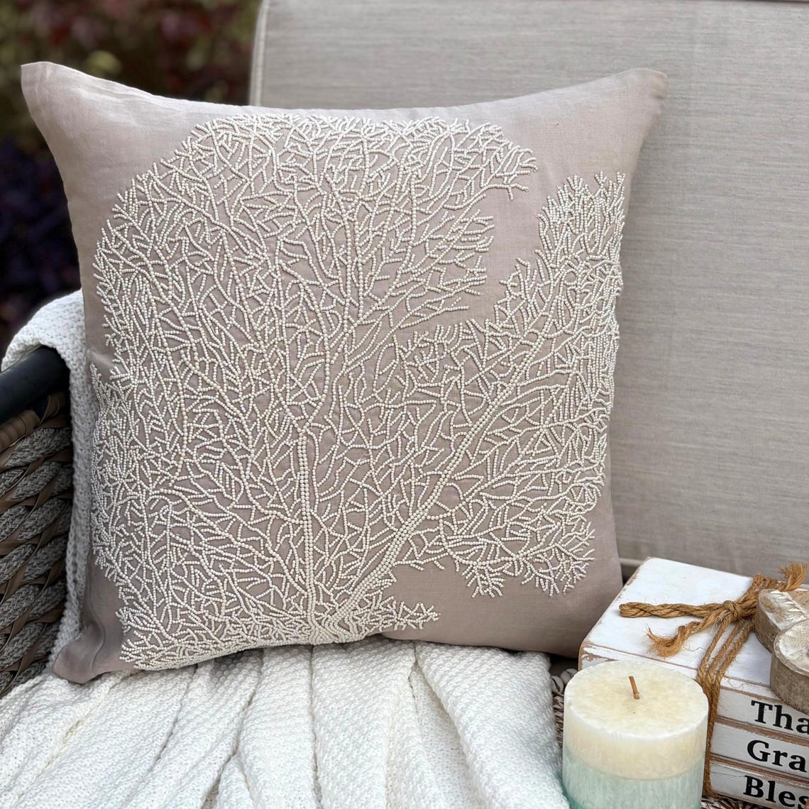 Pearl Shrub - Mocha Cotton Linen Throw Pillow Cover