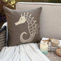 Noble Sea Horse - Brown Cotton Linen Throw Pillow Cover