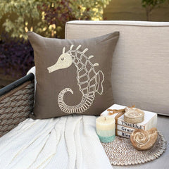 Brown Cotton Linen Throw Pillow Cover - Noble Sea Horse