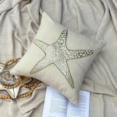 Gold Scaly Starfish - Natural Beige Cotton Linen Throw Pillow Cover