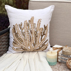 Sea Weed Flow - Ivory Linen Throw Pillow Cover