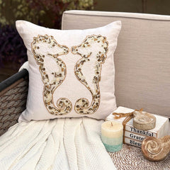 Ivory & Gold Linen Throw Pillow Cover - Sea Horse Kiss
