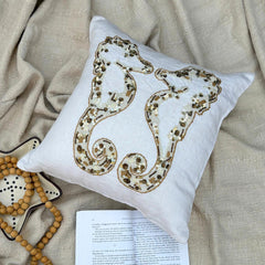 Ivory & Gold Linen Throw Pillow Cover - Sea Horse Kiss