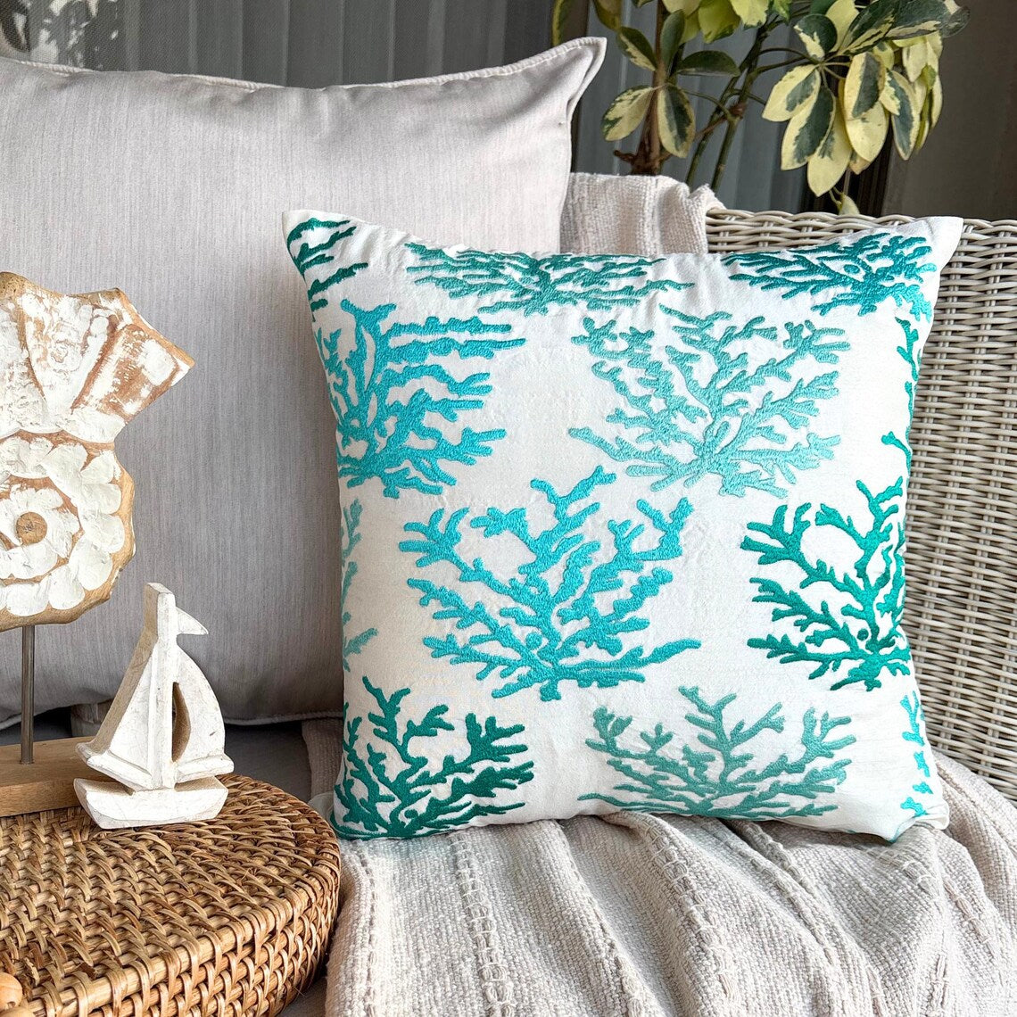 Caribbean Coast - Blue Cotton Linen Decorative Euro Sham