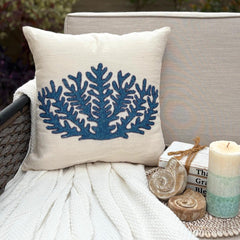 Blue Coral Treasure - White Linen Throw Pillow Cover