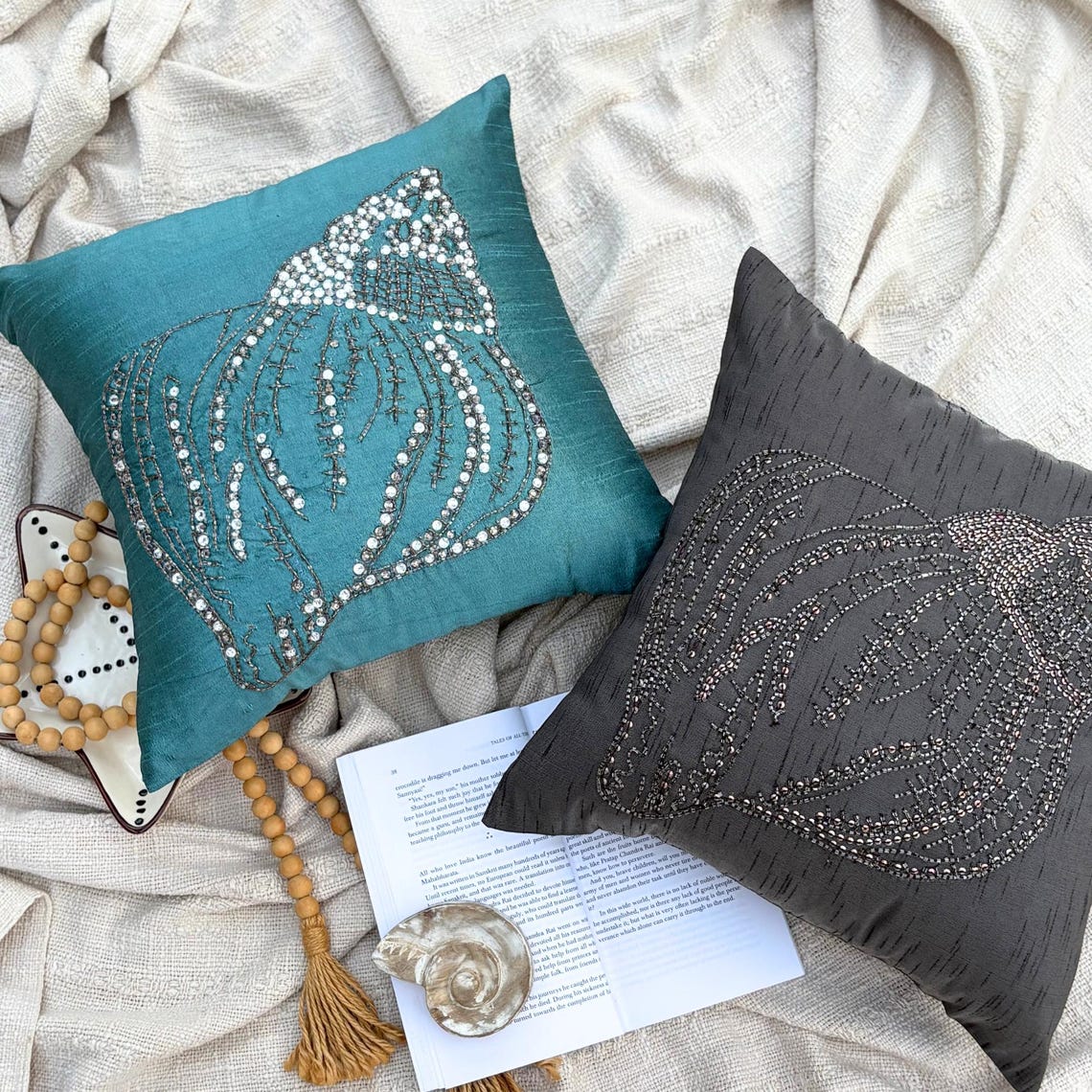 Night Sea Shell Beaded Throw Pillow Cover