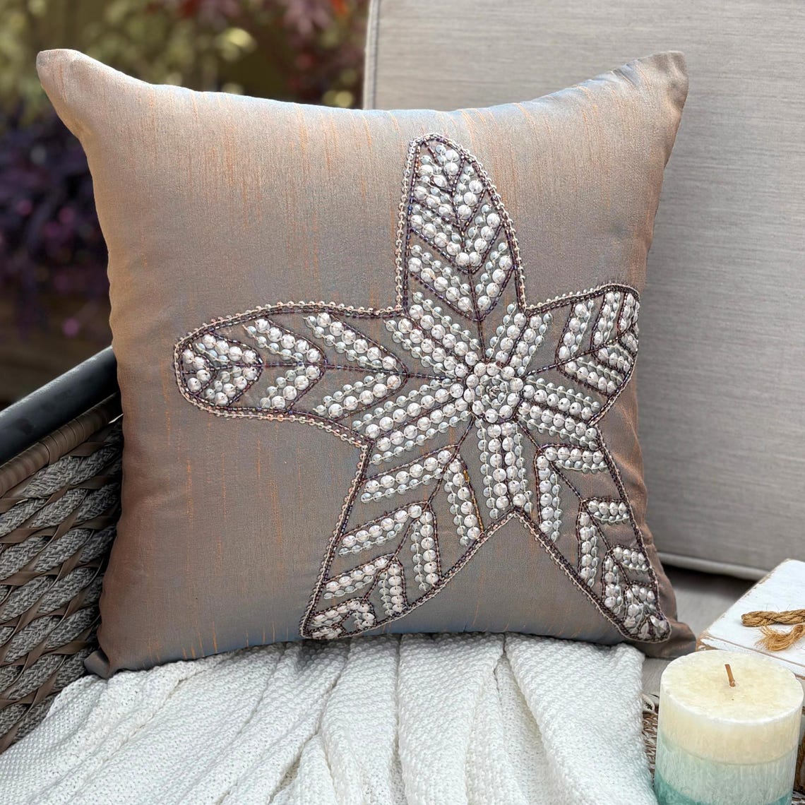 Two Tone Orange Purple Art Silk Throw Pillow Cover - Starfish Sparkle