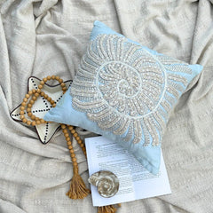 Light Blue Cotton Linen Throw Pillow Cover - Swirl Twirl