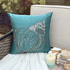 Crystal Sea Shell - Teal Blue Art Silk Throw Pillow Cover