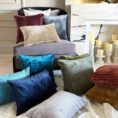 Beige Velvet Lumbar Pillow Cover - Beige Ribbed