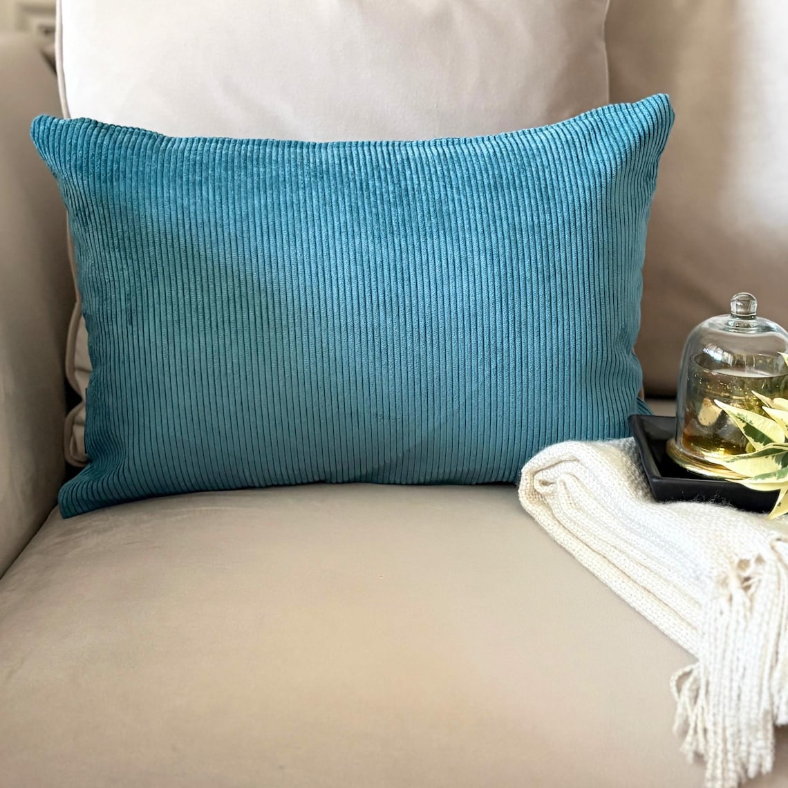 Teal Blue Grooved Lumbar Pillow Cover