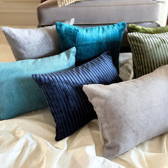 Petrol Blue Velvet Lumbar Pillow Cover - Petrol Blue Ribbed