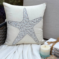 Starfish Crystals - Ivory Cotton Linen Throw Pillow Cover