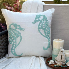 Sea Horse Aqua - White Art Silk Decorative Euro Sham