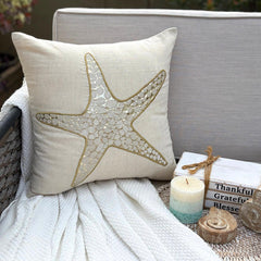 Gold Scaly Starfish - Natural Beige Cotton Linen Throw Pillow Cover
