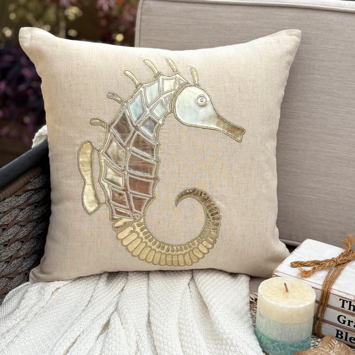 Gold Sea Horse - Natural Beige Cotton Linen Throw Pillow Cover