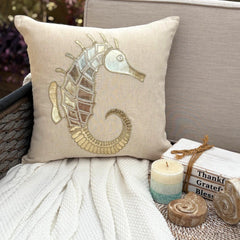 Gold Sea Horse - Natural Beige Cotton Linen Throw Pillow Cover