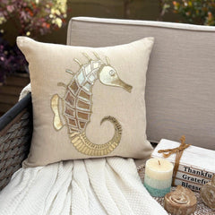Natural Beige Cotton Linen Throw Pillow Cover - Gold Sea Horse