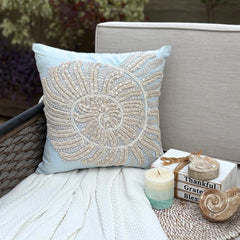 Light Blue Cotton Linen Throw Pillow Cover - Swirl Twirl