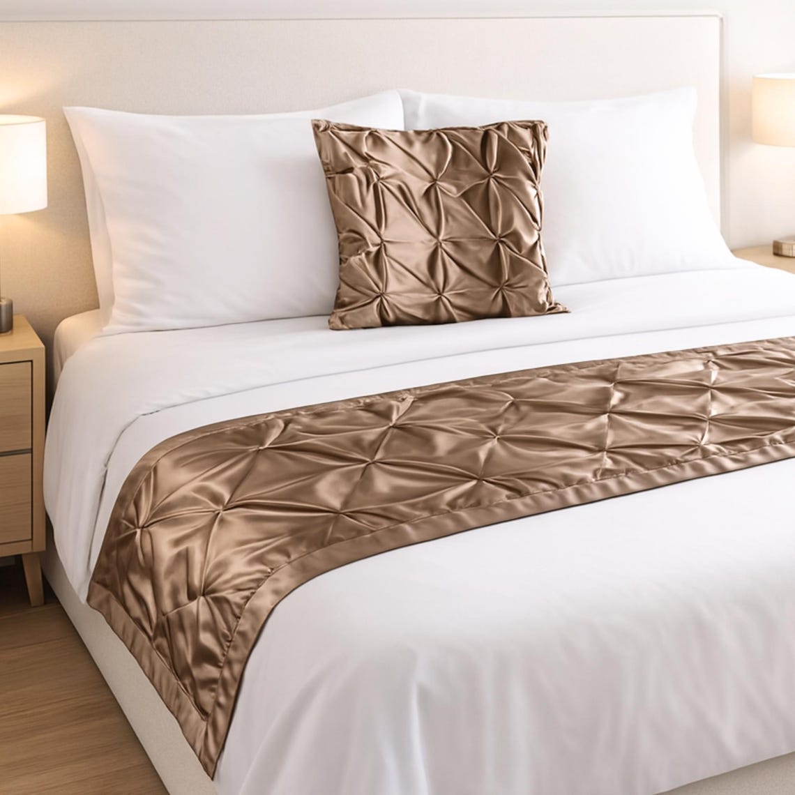 Satin Beige Decorative Bed Runner and Pillow Cover - Satin Ballet Swirl