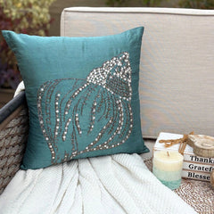 Crystal Sea Shell - Teal Blue Art Silk Throw Pillow Cover