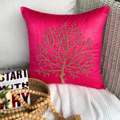 Fuchsia Tree Of Life - Fuchsia Pink Art Silk Throw Pillow Cover