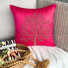 Fuchsia Tree Of Life - Fuchsia Pink Art Silk Throw Pillow Cover