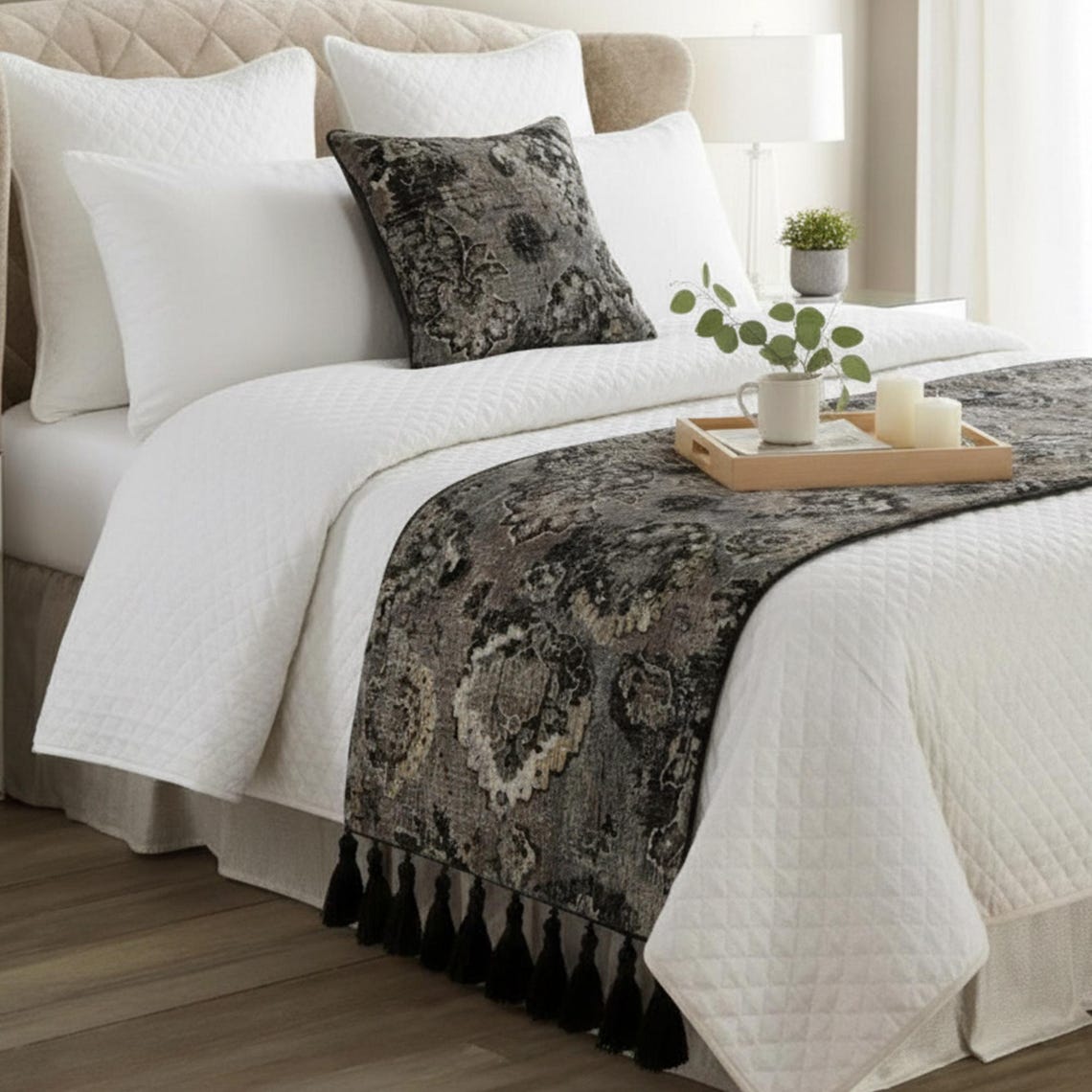Black & Grey Velvet Decorative Bed Runner and Pillow Cover, Paved Damask