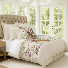 Peacock Queen - Cotton Printed with Beads Ivory & Multicolor Decorative Bed Runner and Pillow Cover