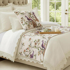 Peacock Queen - Cotton Printed with Beads Ivory & Multicolor Decorative Bed Runner and Pillow Cover