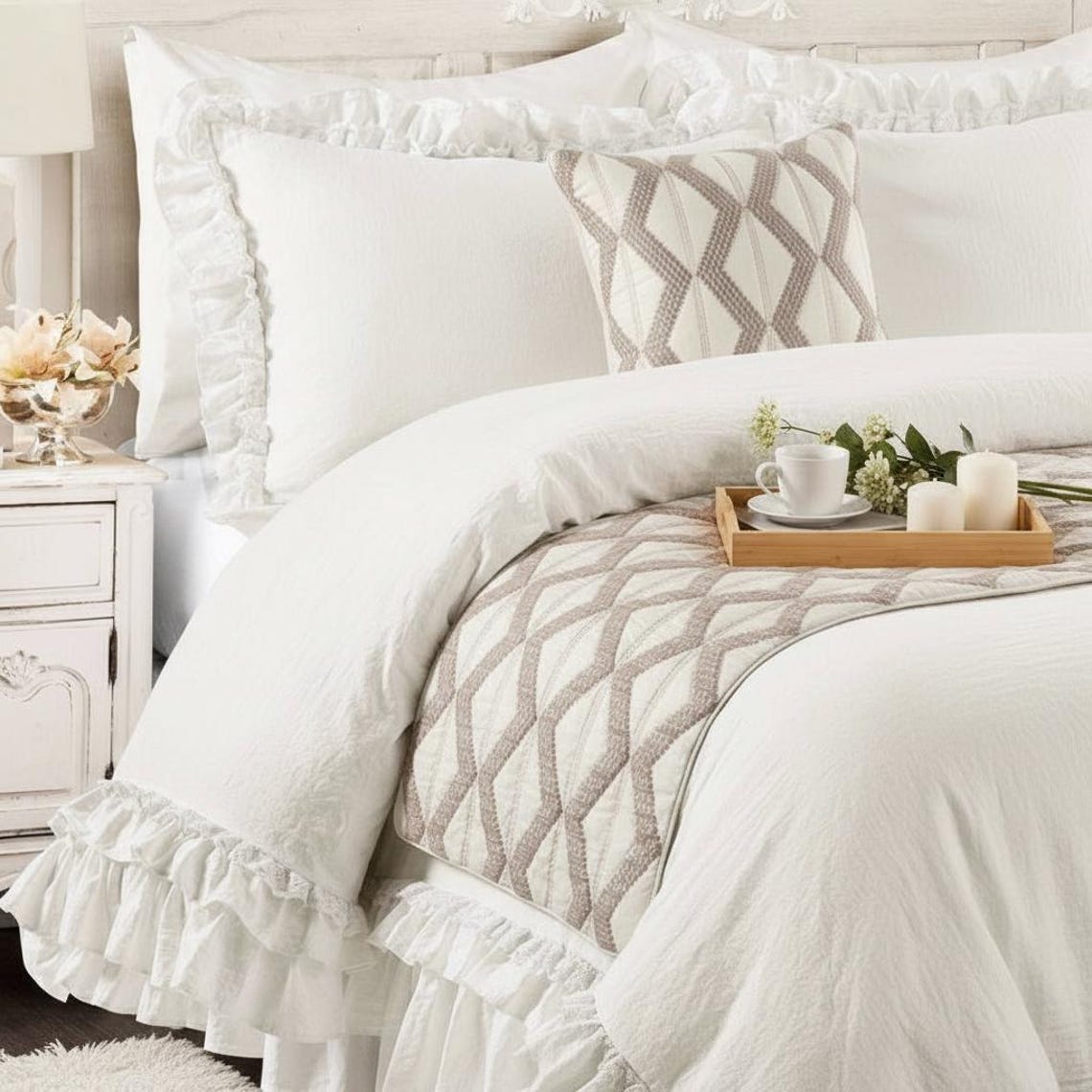Linen Rust or Orange Decorative Bed Runner and Pillow Cover - Peacock Soiree