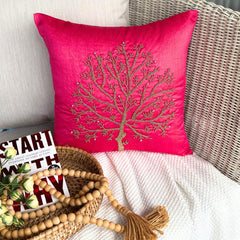 Fuchsia Tree Of Life - Fuchsia Pink Art Silk Throw Pillow Cover
